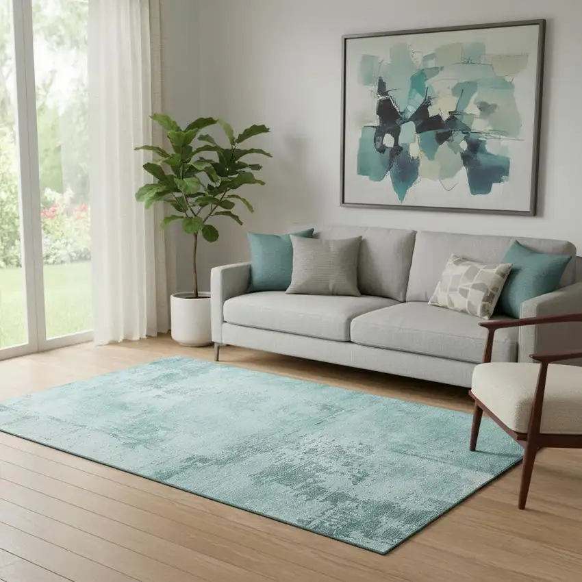 Aqua And Sky Blue Abstract Washable Area Rug With UV Protection Photo 2