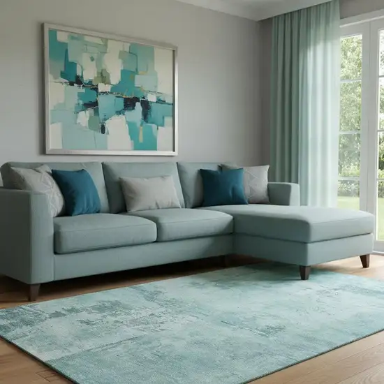 Aqua And Sky Blue Abstract Washable Area Rug With UV Protection Photo 2