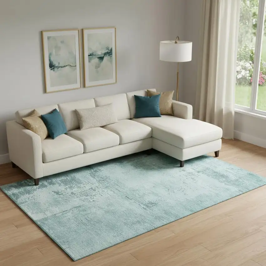 Aqua And Sky Blue Abstract Washable Area Rug With UV Protection Photo 2