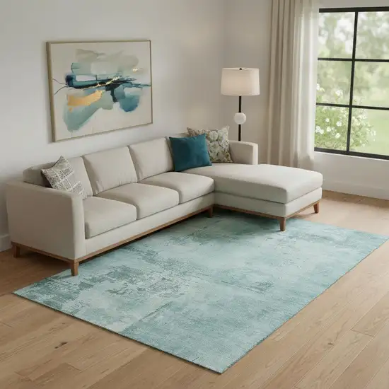 Aqua And Sky Blue Abstract Washable Area Rug With UV Protection Photo 2