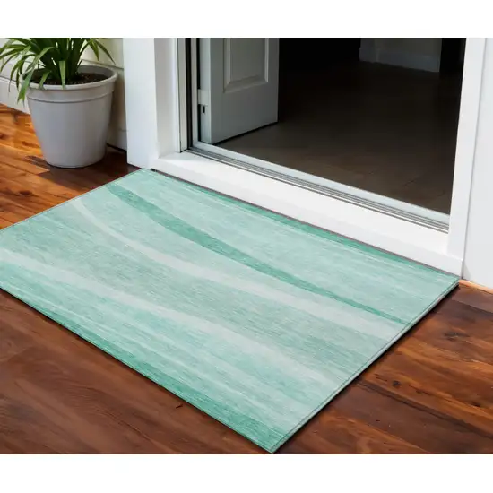 Aqua And Sky Blue Abstract Washable Indoor Outdoor Area Rug Photo 1