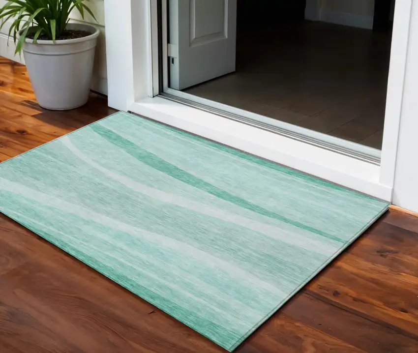 Aqua And Sky Blue Abstract Washable Indoor Outdoor Area Rug Photo 1