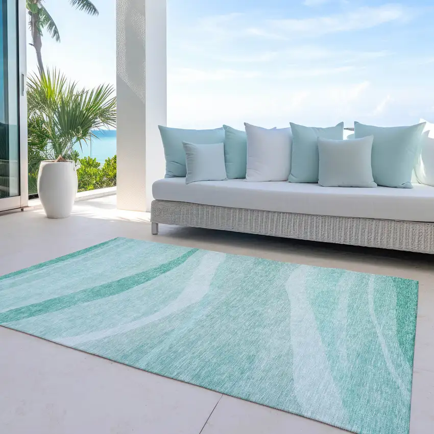 Aqua And Sky Blue Abstract Washable Indoor Outdoor Area Rug Photo 6