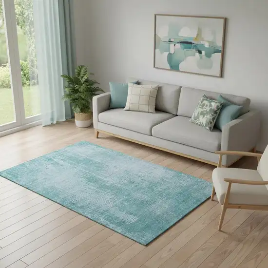 Aqua And Teal Abstract Washable Area Rug With UV Protection Photo 1