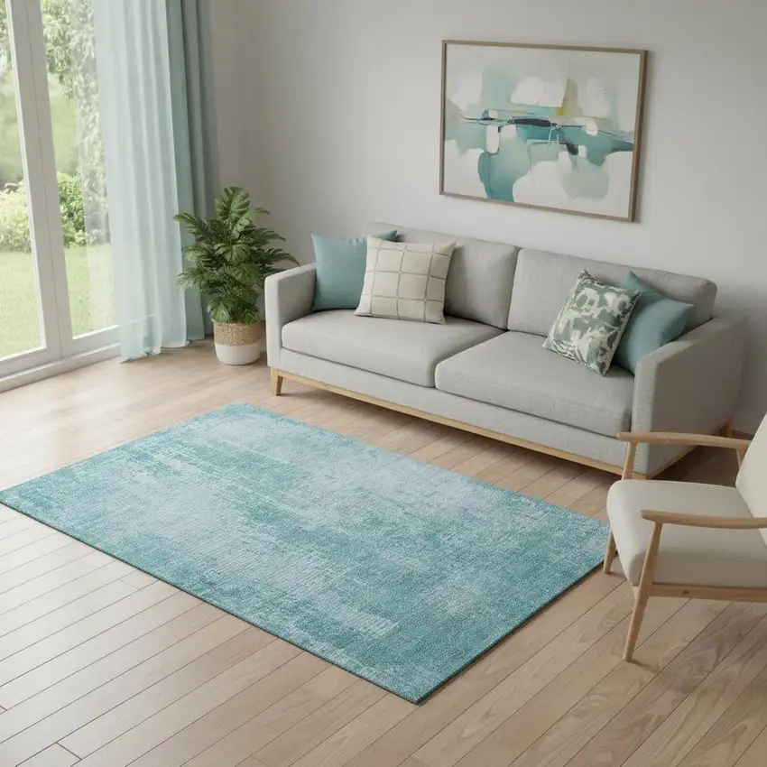 Aqua And Teal Abstract Washable Area Rug With UV Protection Photo 1