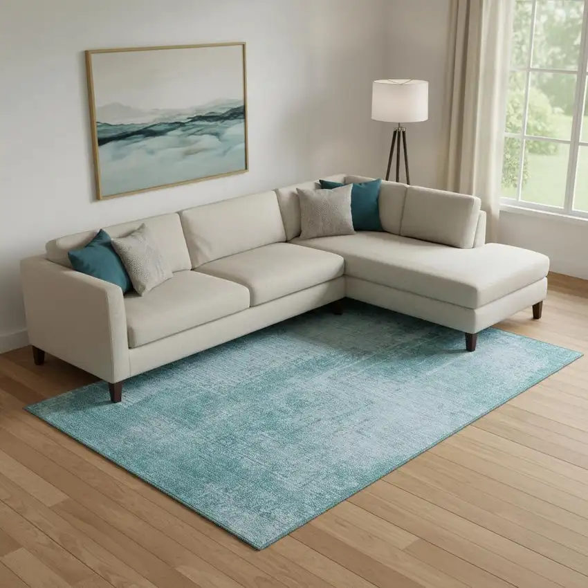 Aqua And Teal Abstract Washable Area Rug With UV Protection Photo 1