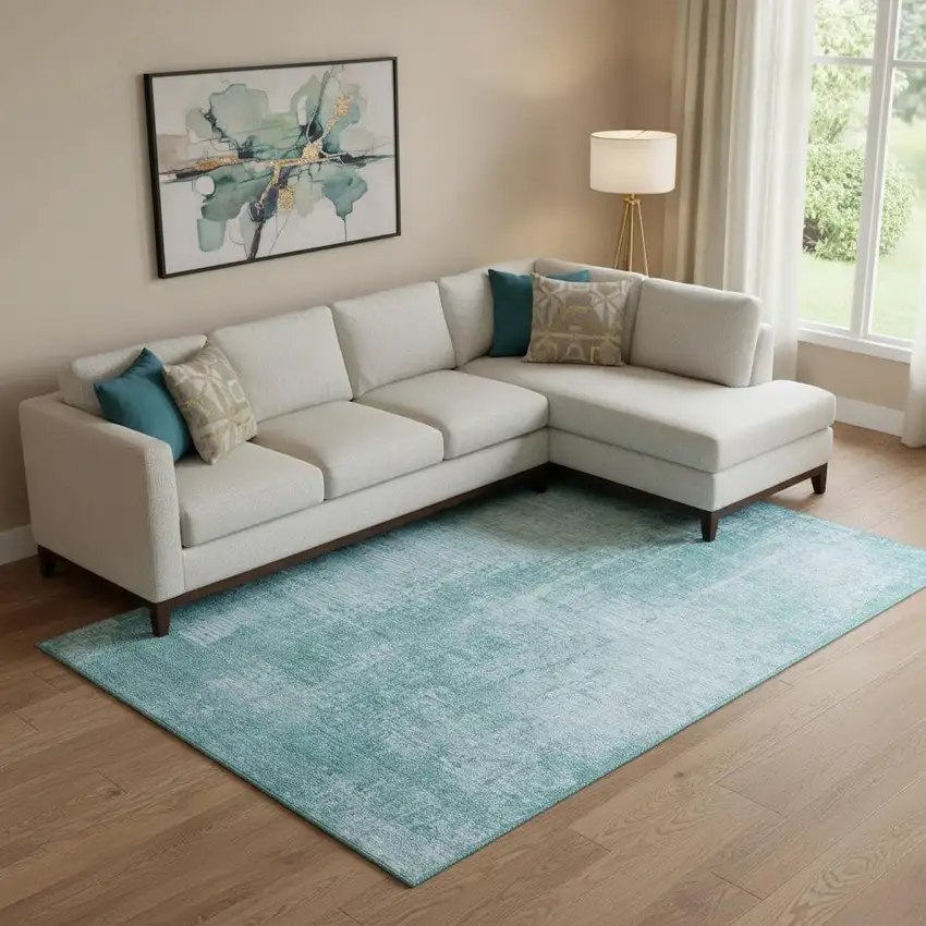 Aqua And Teal Abstract Washable Area Rug With UV Protection Photo 1