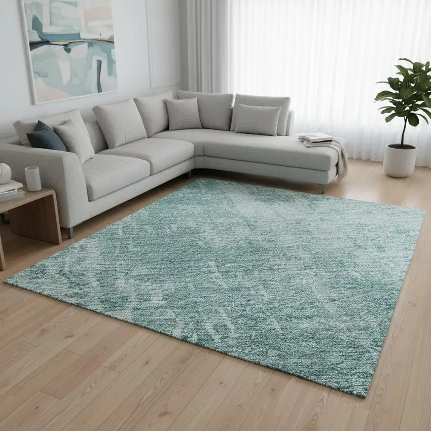 Aqua And Teal Abstract Washable Area Rug With UV Protection Photo 2