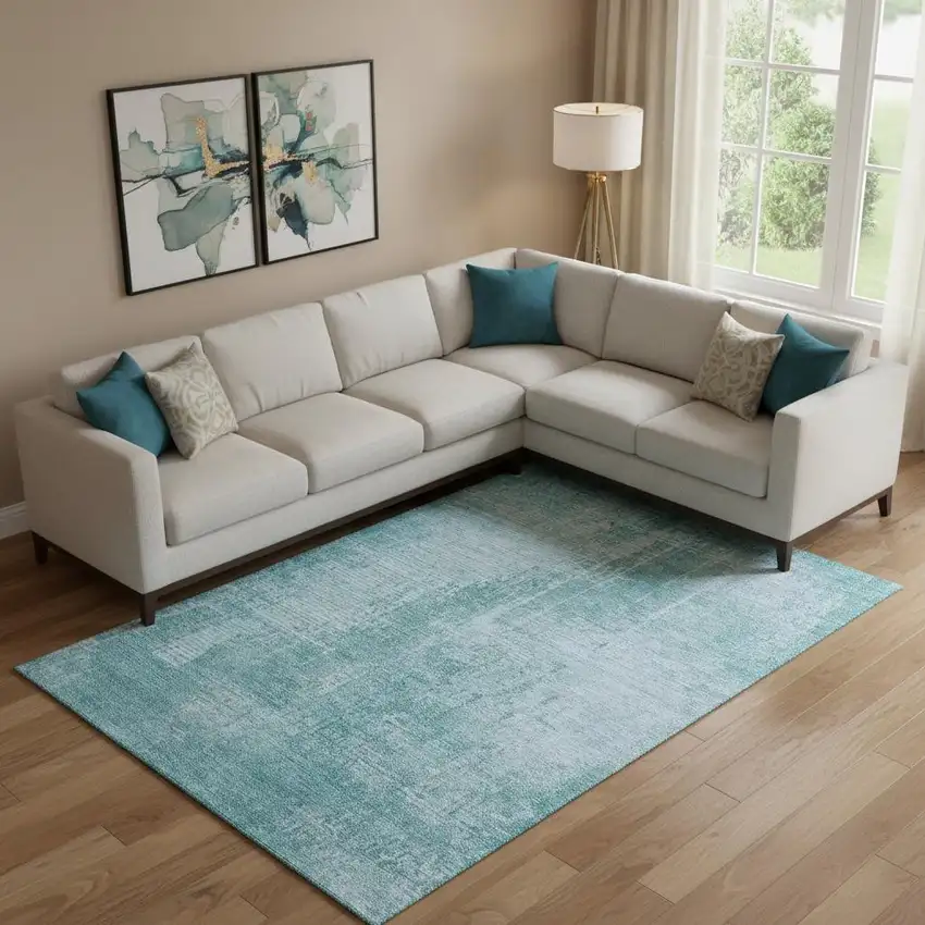 Aqua And Teal Abstract Washable Area Rug With UV Protection Photo 1