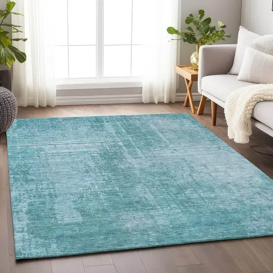 Aqua And Teal Abstract Washable Area Rug With UV Protection Photo 6
