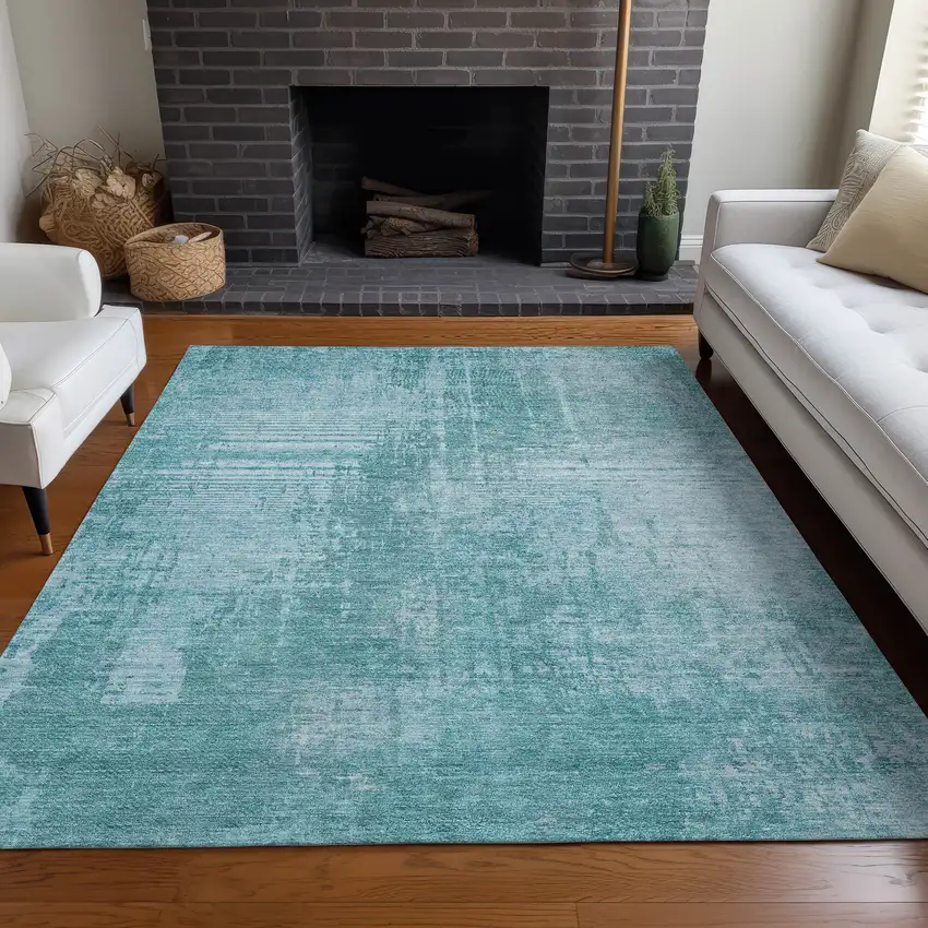 Aqua And Teal Abstract Washable Area Rug With UV Protection Photo 5