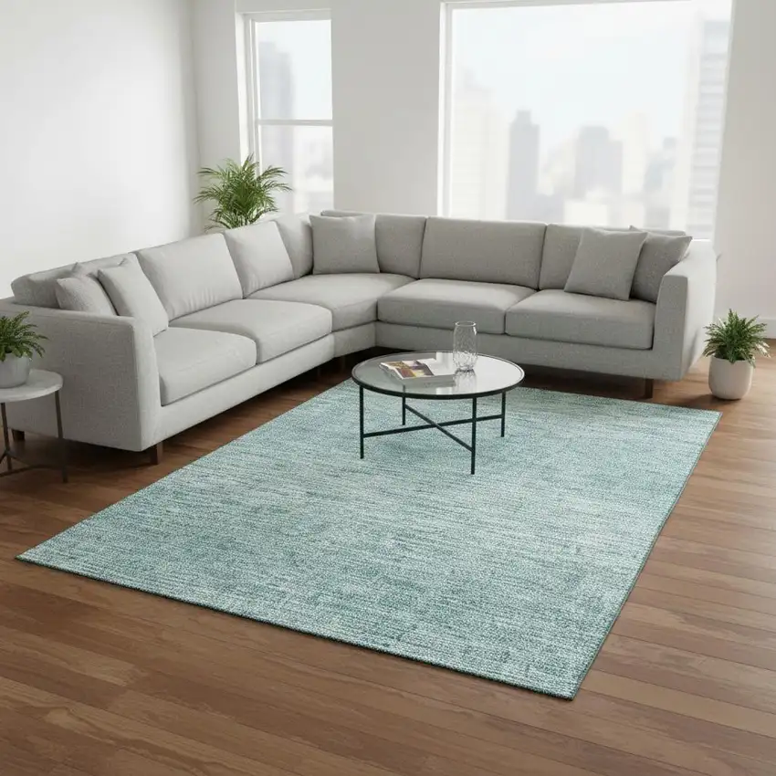 Aqua And Teal Abstract Washable Area Rug With UV Protection Photo 2