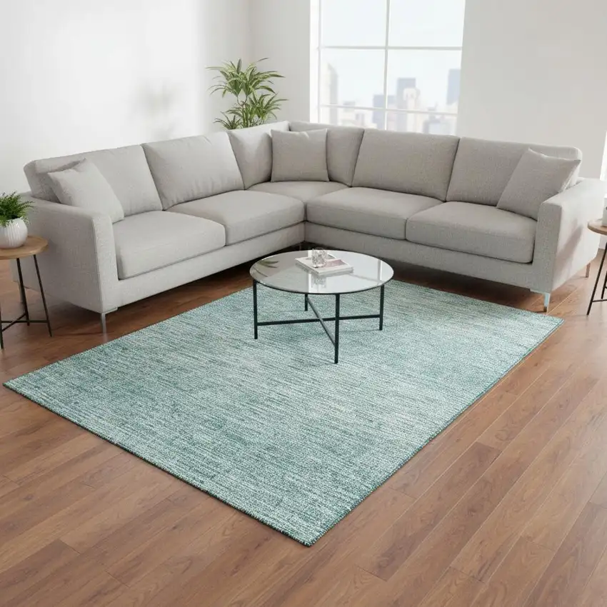 Aqua And Teal Abstract Washable Area Rug With UV Protection Photo 2