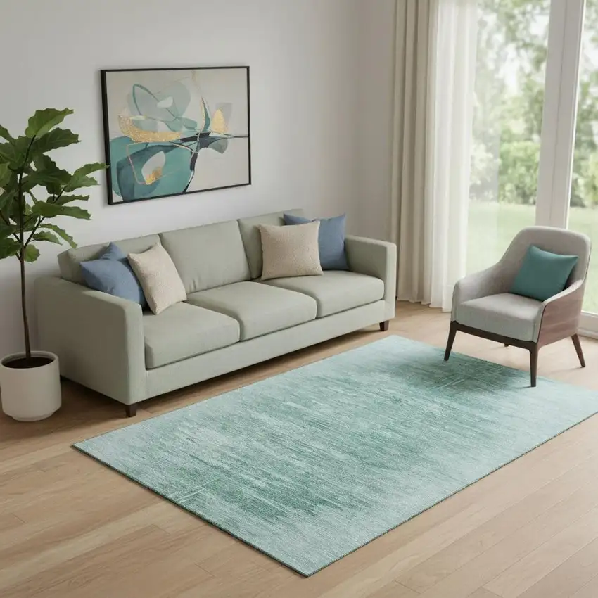 Aqua And Teal Abstract Washable Area Rug With UV Protection Photo 1