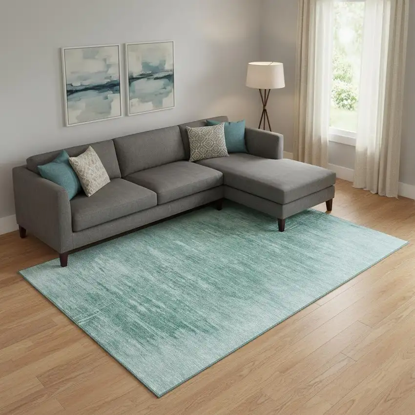 Aqua And Teal Abstract Washable Area Rug With UV Protection Photo 1