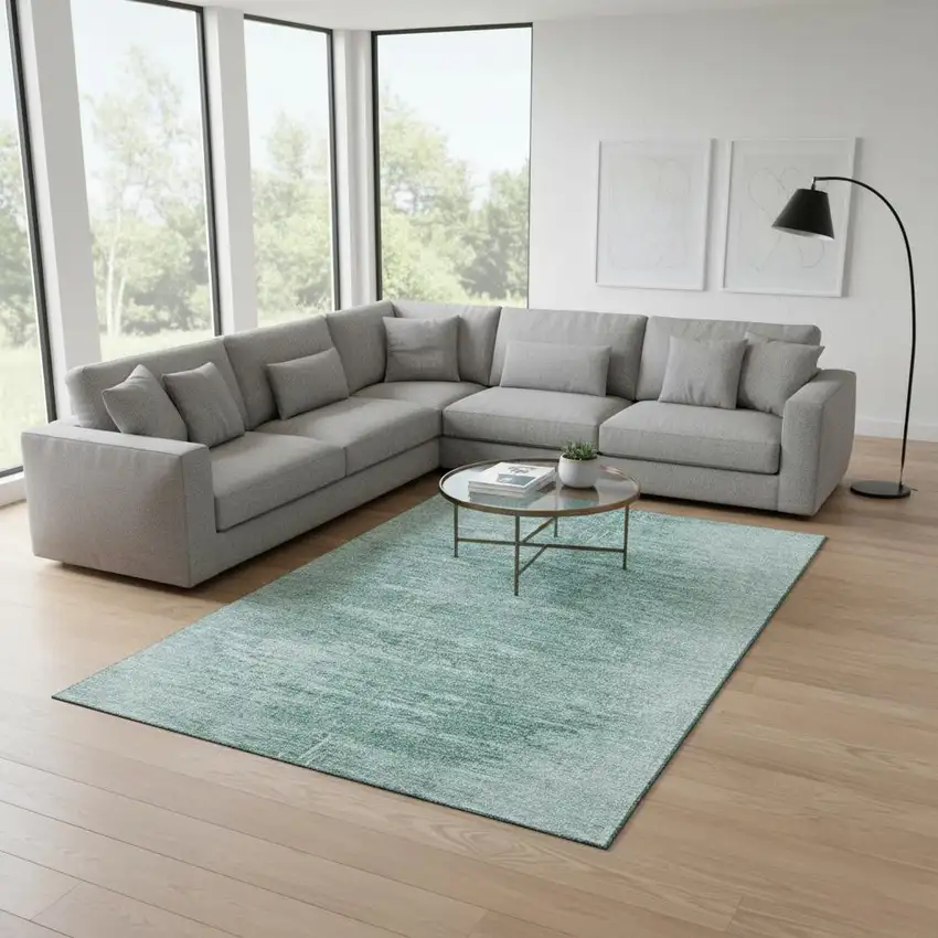 Aqua And Teal Abstract Washable Area Rug With UV Protection Photo 2