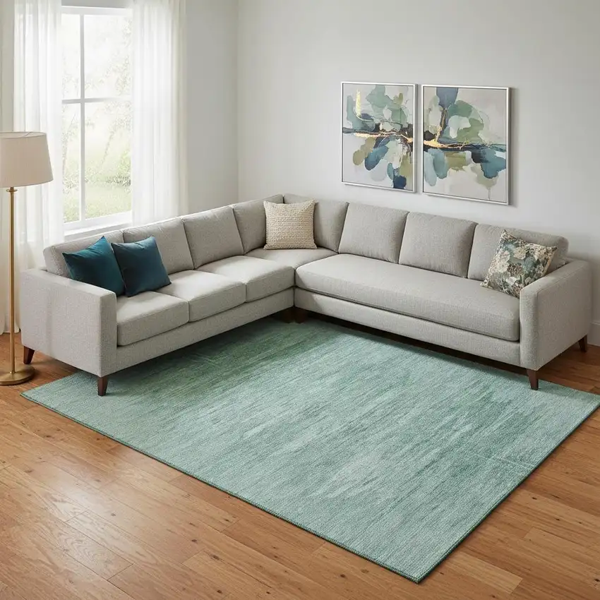 Aqua And Teal Abstract Washable Area Rug With UV Protection Photo 1