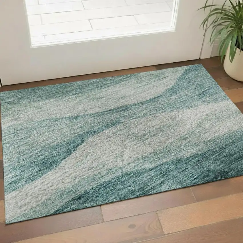 Aqua And Teal Abstract Washable Area Rug With UV Protection Photo 2
