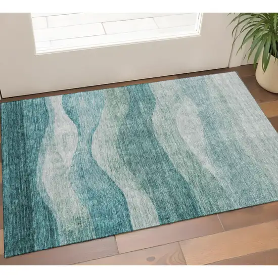 Aqua And Teal Abstract Washable Area Rug With UV Protection Photo 1