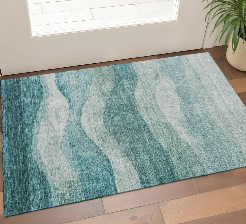 Aqua And Teal Abstract Washable Area Rug With UV Protection Photo 1
