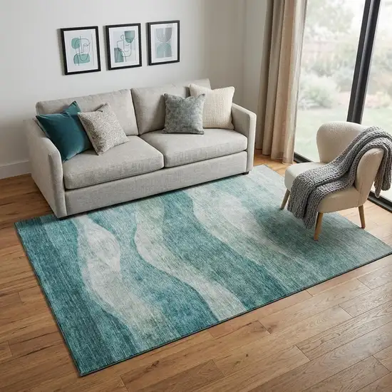 Aqua And Teal Abstract Washable Area Rug With UV Protection Photo 1