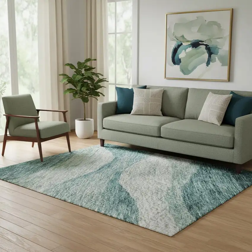 Aqua And Teal Abstract Washable Area Rug With UV Protection Photo 2