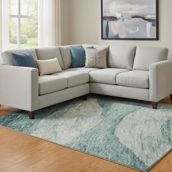 Aqua And Teal Abstract Washable Area Rug With UV Protection Photo 2