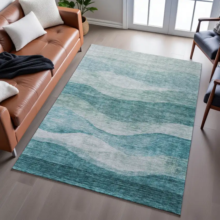 Aqua And Teal Abstract Washable Area Rug With UV Protection Photo 5