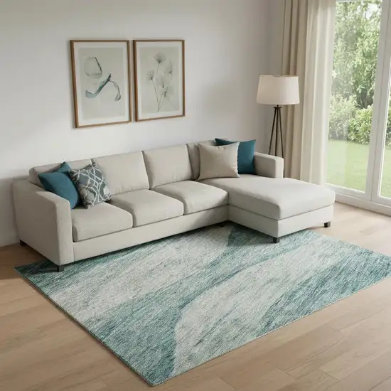 Aqua And Teal Abstract Washable Area Rug With UV Protection Photo 2