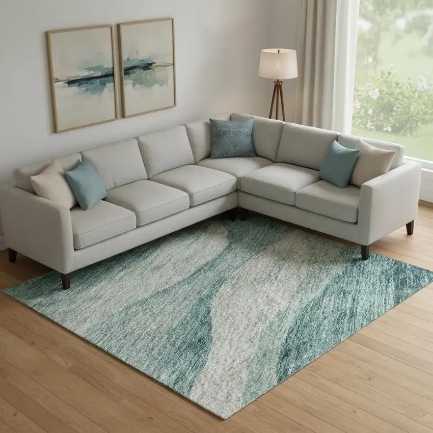 Aqua And Teal Abstract Washable Area Rug With UV Protection Photo 2