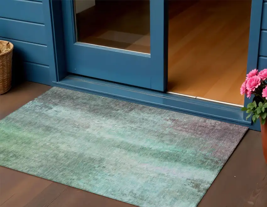 Aqua And Teal Blue Abstract Washable Indoor Outdoor Area Rug Photo 1