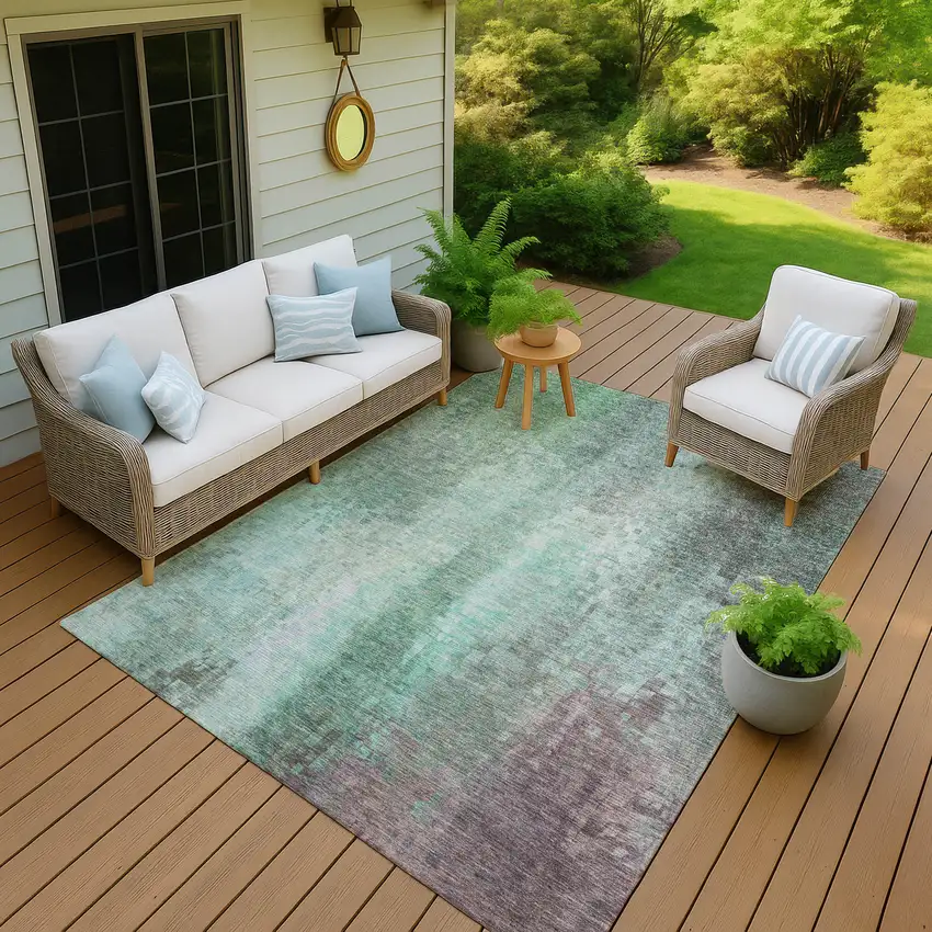 Aqua And Teal Blue Abstract Washable Indoor Outdoor Area Rug Photo 7