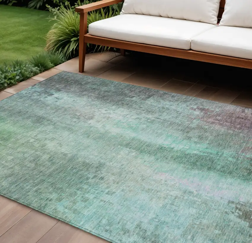 Aqua And Teal Blue Abstract Washable Indoor Outdoor Area Rug Photo 1