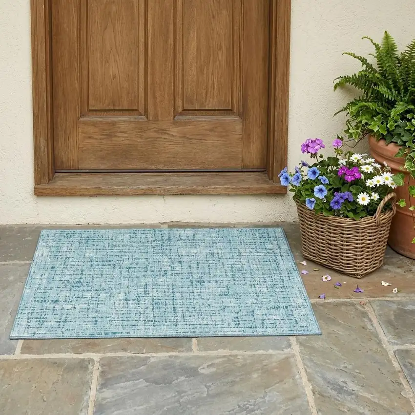 Aqua And Teal Blue Abstract Washable Indoor Outdoor Area Rug Photo 1
