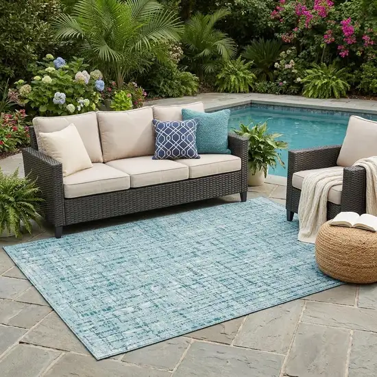 Aqua And Teal Blue Abstract Washable Indoor Outdoor Area Rug Photo 1