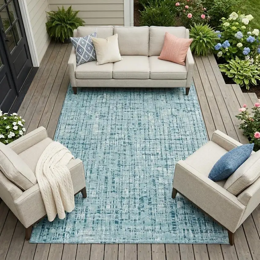 Aqua And Teal Blue Abstract Washable Indoor Outdoor Area Rug Photo 1