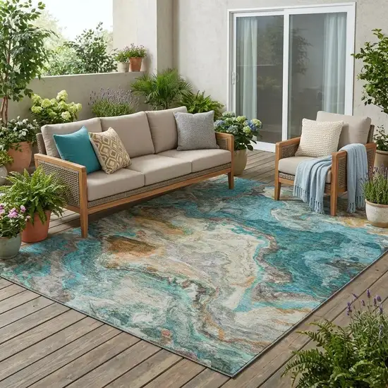 Aqua And Teal Blue Abstract Washable Indoor Outdoor Area Rug Photo 1