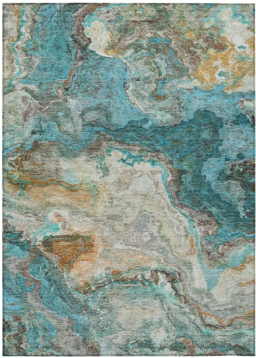 Aqua And Teal Blue Abstract Washable Indoor Outdoor Area Rug Photo 2