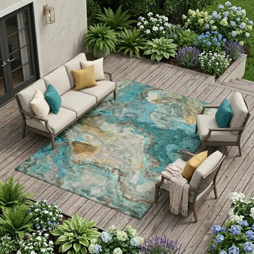 Aqua And Teal Blue Abstract Washable Indoor Outdoor Area Rug Photo 1