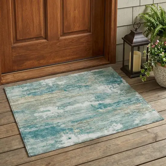 Aqua And Teal Blue Abstract Washable Indoor Outdoor Area Rug Photo 1
