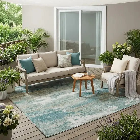 Aqua And Teal Blue Abstract Washable Indoor Outdoor Area Rug Photo 1