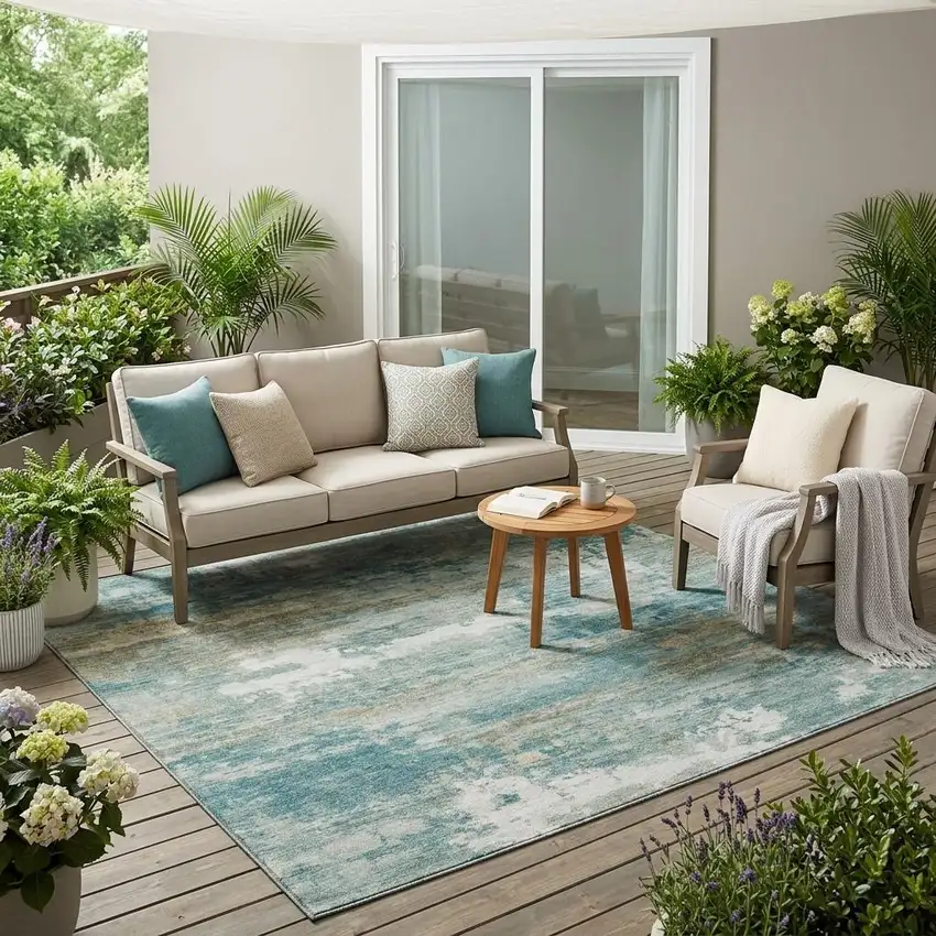 Aqua And Teal Blue Abstract Washable Indoor Outdoor Area Rug Photo 1