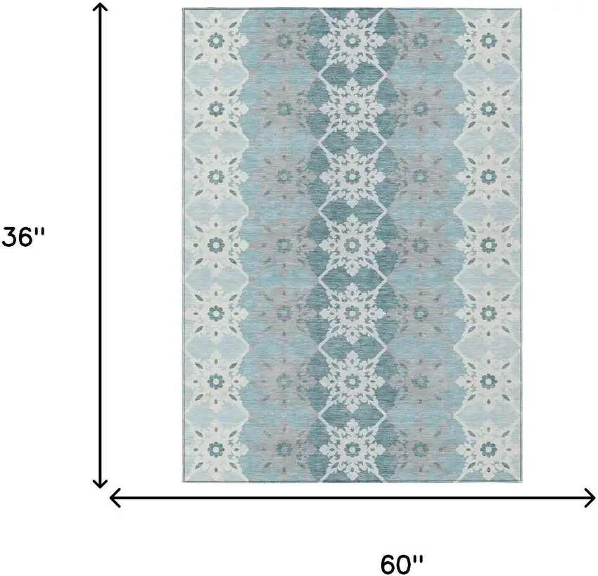 Aqua And Teal Blue Floral Medallion Washable Indoor Outdoor Area Rug Photo 5