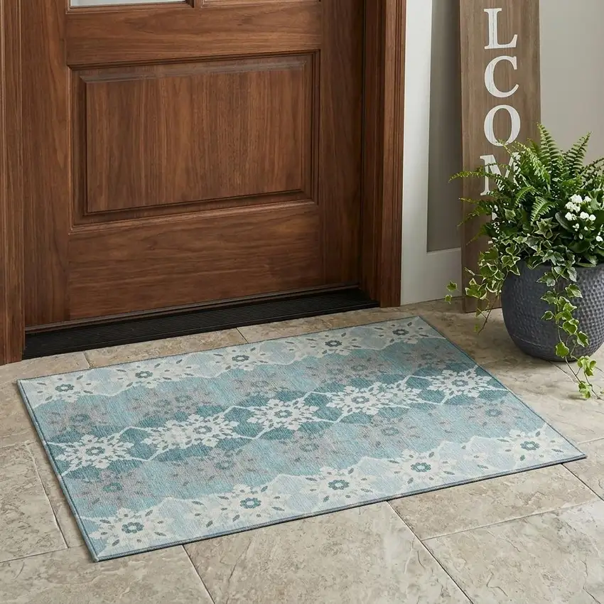 Aqua And Teal Blue Floral Medallion Washable Indoor Outdoor Area Rug Photo 1