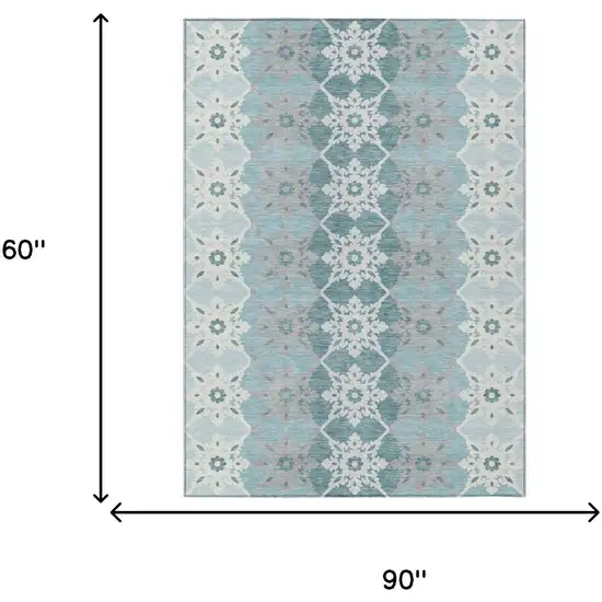 Aqua And Teal Blue Floral Medallion Washable Indoor Outdoor Area Rug Photo 5