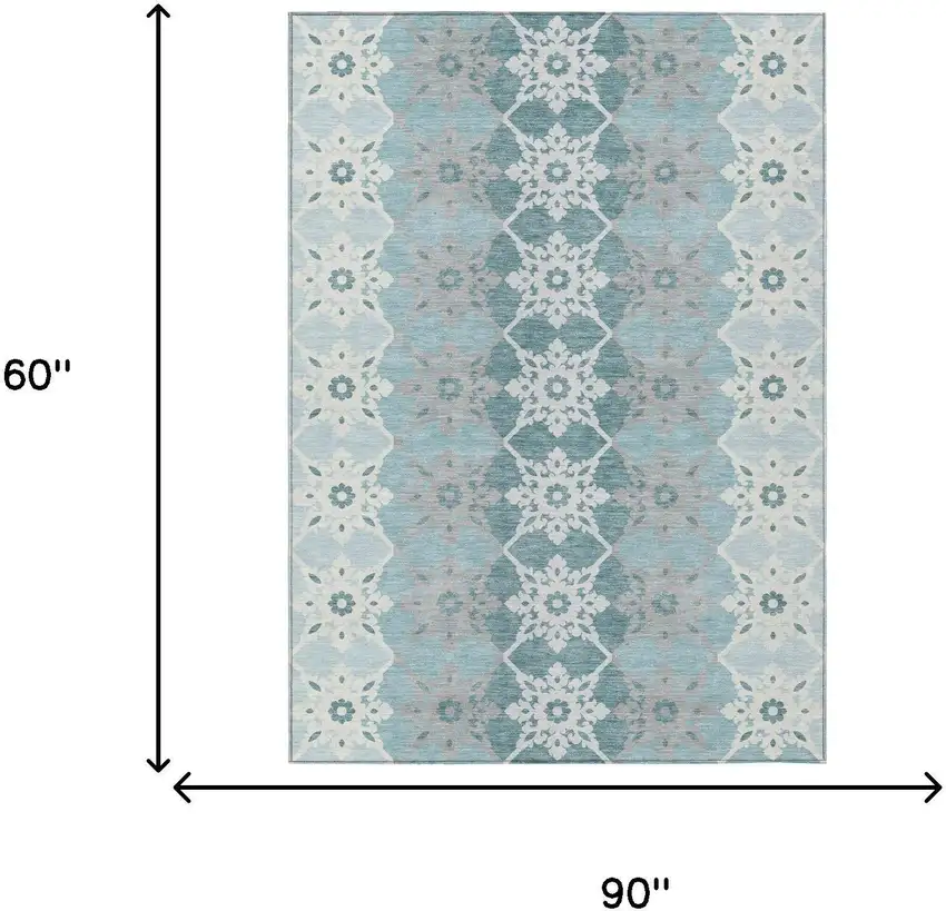 Aqua And Teal Blue Floral Medallion Washable Indoor Outdoor Area Rug Photo 5