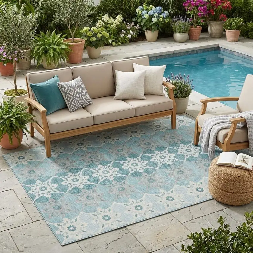 Aqua And Teal Blue Floral Medallion Washable Indoor Outdoor Area Rug Photo 1