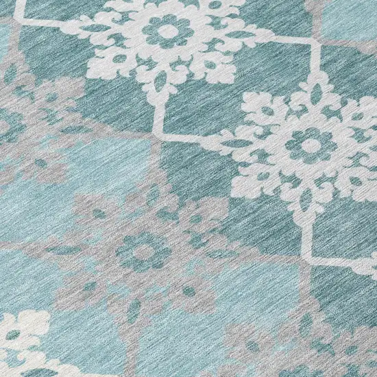 Aqua And Teal Blue Floral Medallion Washable Indoor Outdoor Area Rug Photo 4