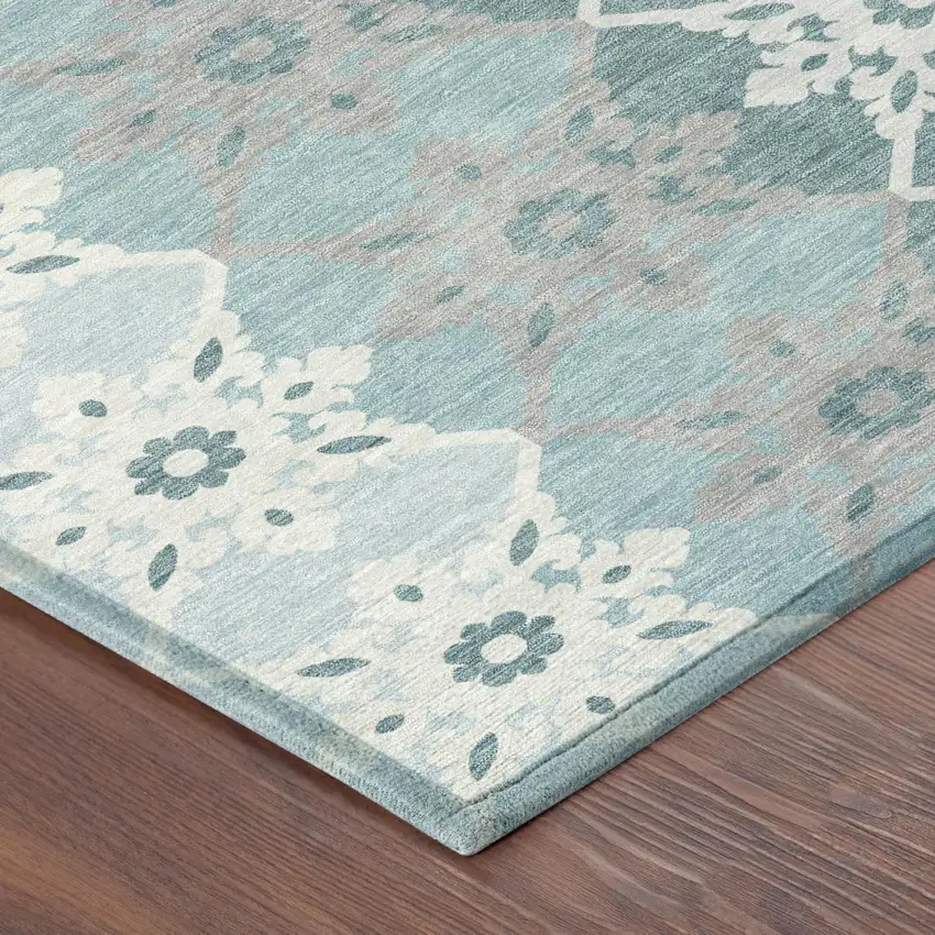 Aqua And Teal Blue Floral Medallion Washable Indoor Outdoor Area Rug Photo 3
