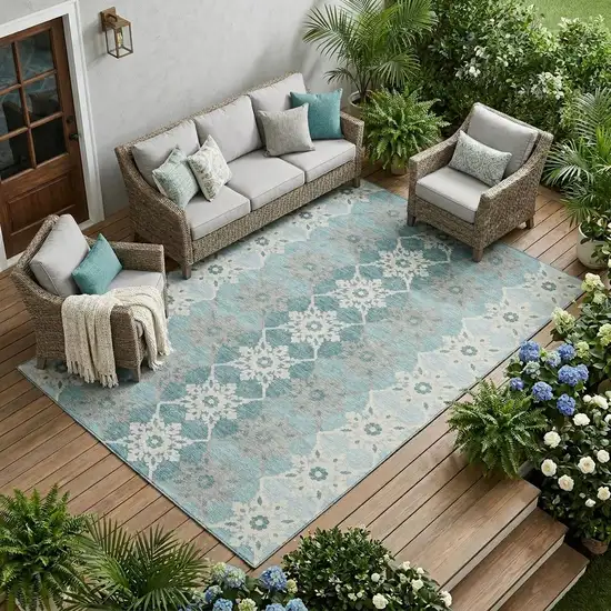 Aqua And Teal Blue Floral Medallion Washable Indoor Outdoor Area Rug Photo 1